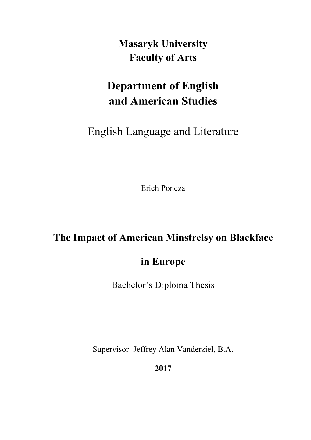 Department of English and American Studies English Language and Literature