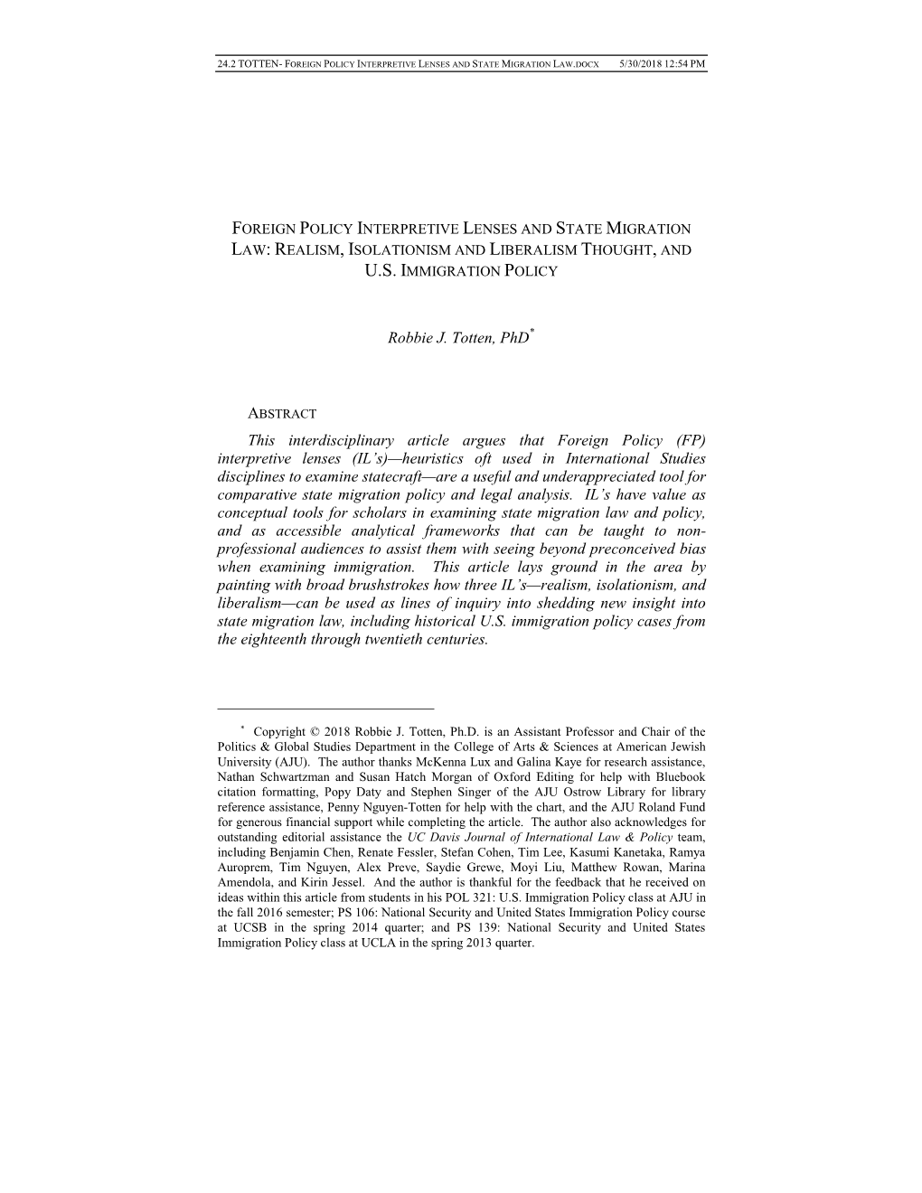 Foreign Policy Interpretive Lenses and State Migration Law: Realism, Isolationism and Liberalism Thought, and U.S