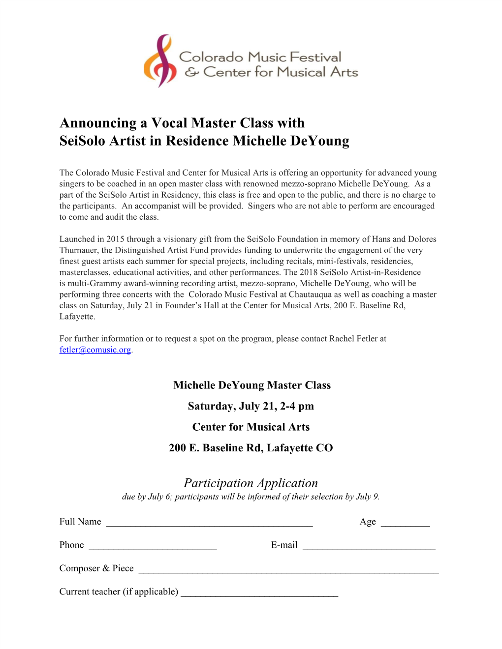 Announcing a Vocal Master Class with Seisolo Artist in Residence Michelle Deyoung