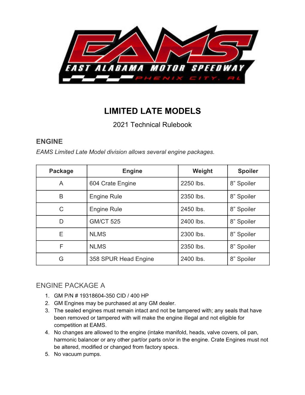 LIMITED LATE MODELS 2021 Technical Rulebook