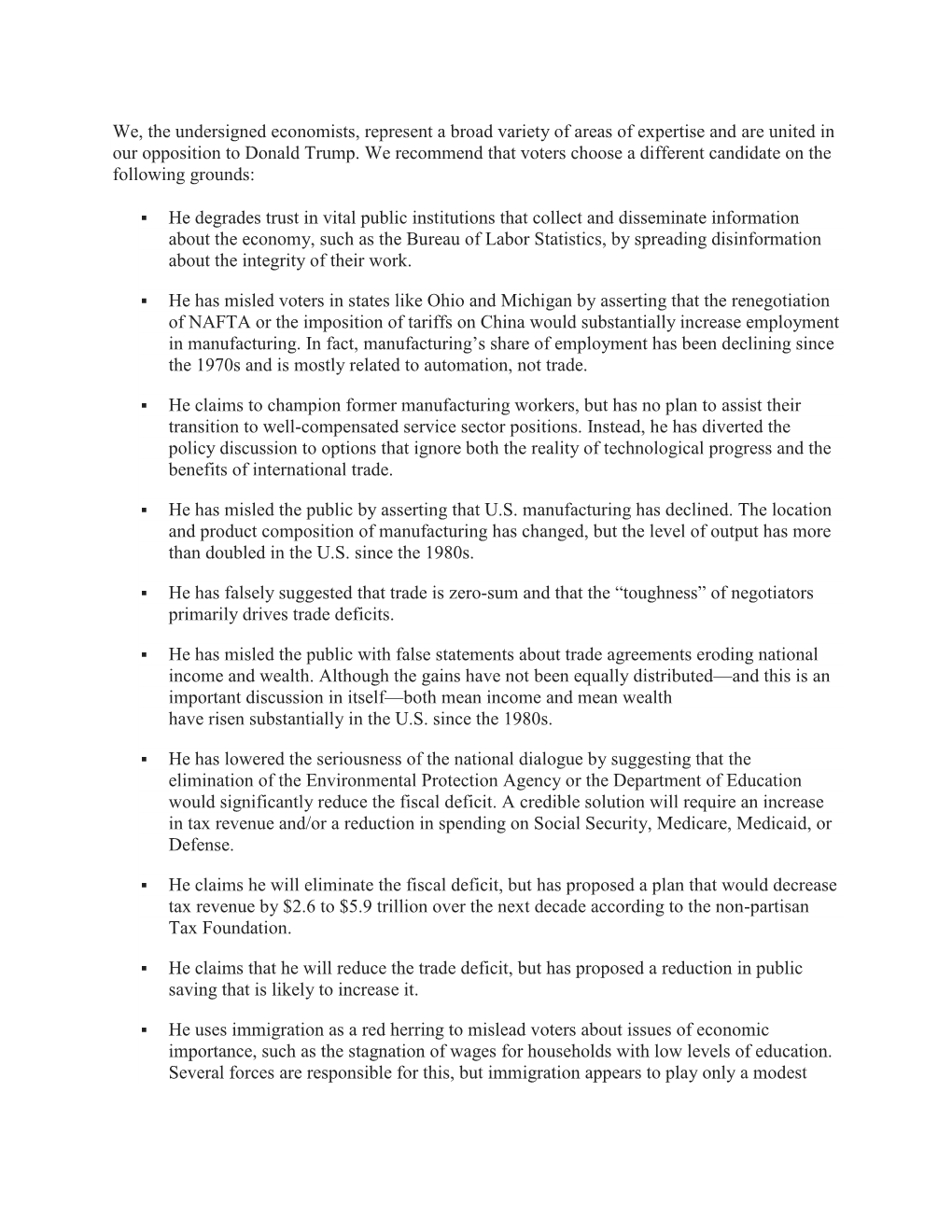 We, the Undersigned Economists, Represent a Broad Variety of Areas of Expertise and Are United in Our Opposition to Donald Trump