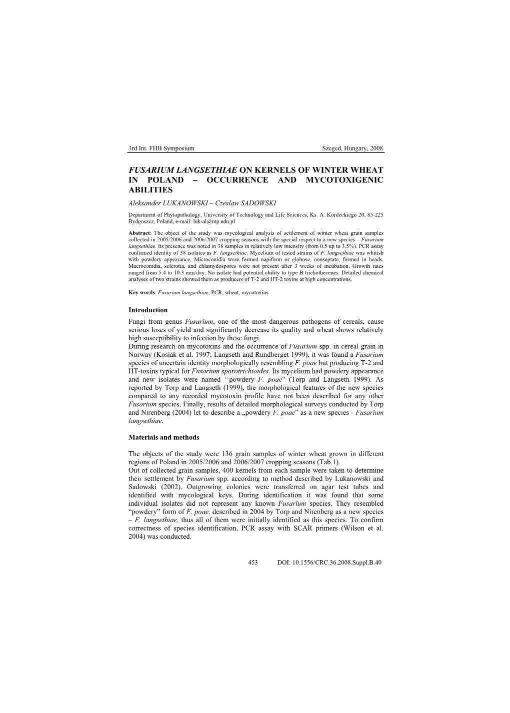 Fusarium Langsethiae on Kernels of Winter Wheat in Poland – Occurrence and Mycotoxigenic Abilities