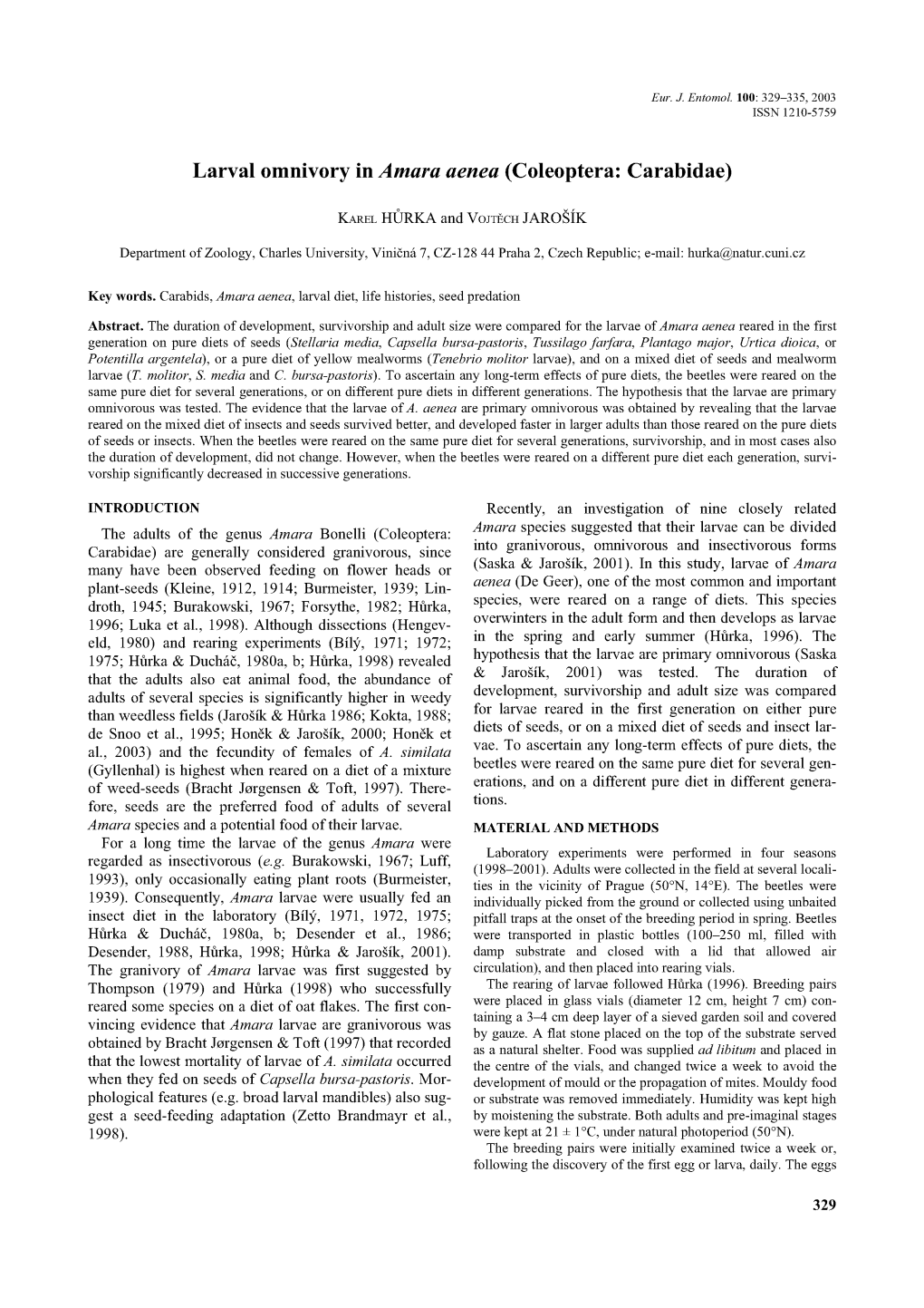 Larval Omnivory in Amara Aenea (Coleoptera: Carabidae)