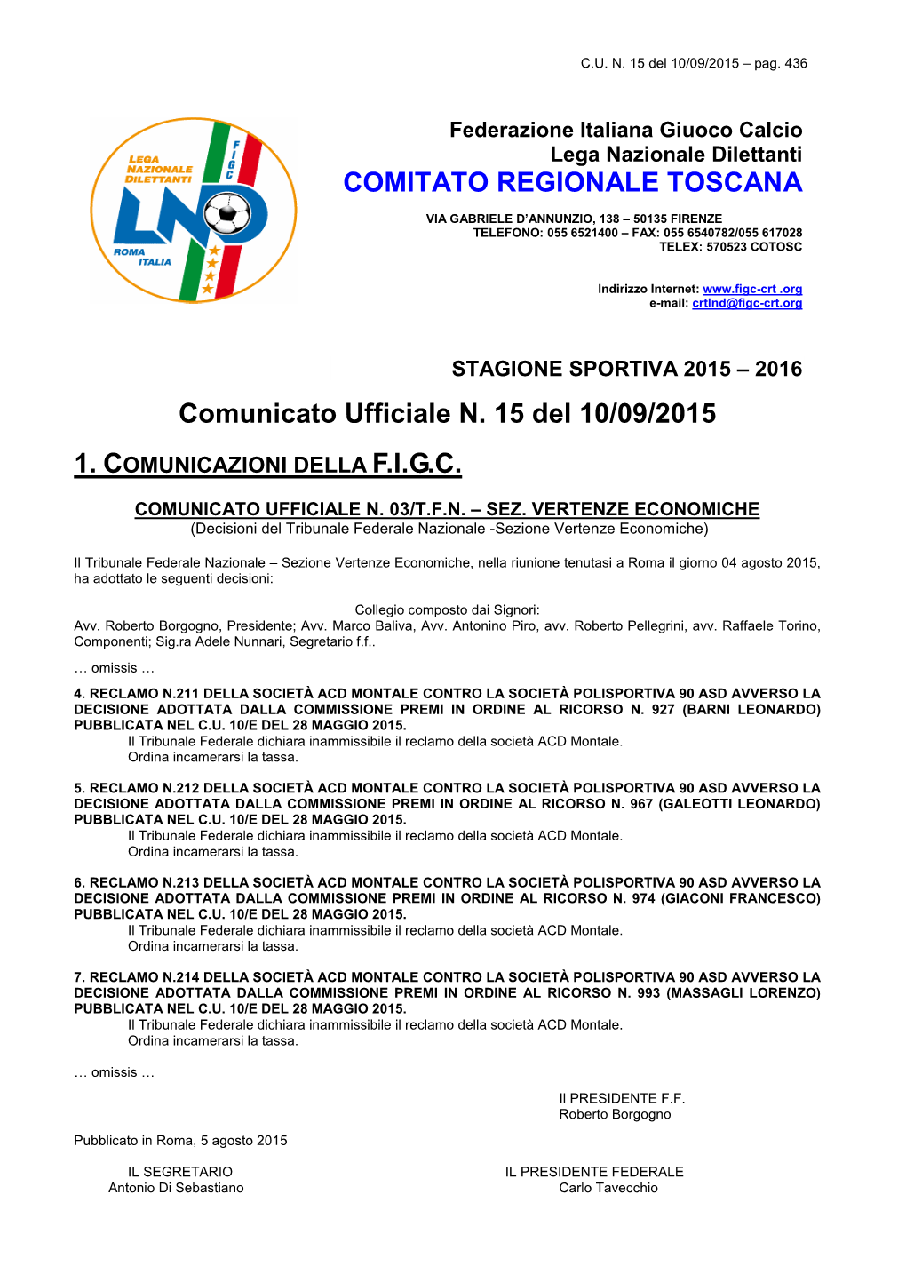 Comunicato Ufficiale N. 15 Del 10/09/2015 COMITATO
