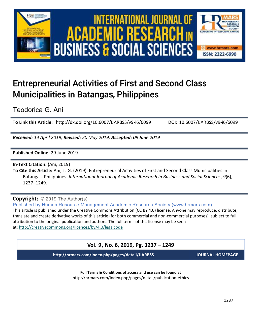 Entrepreneurial Activities of First and Second Class Municipalities in Batangas, Philippines