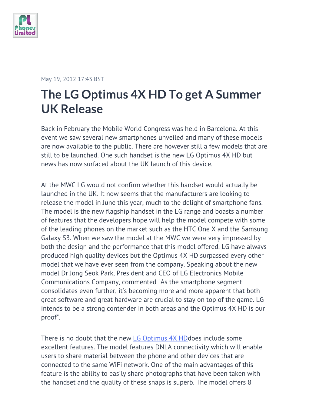 The LG Optimus 4X HD to Get a Summer UK Release