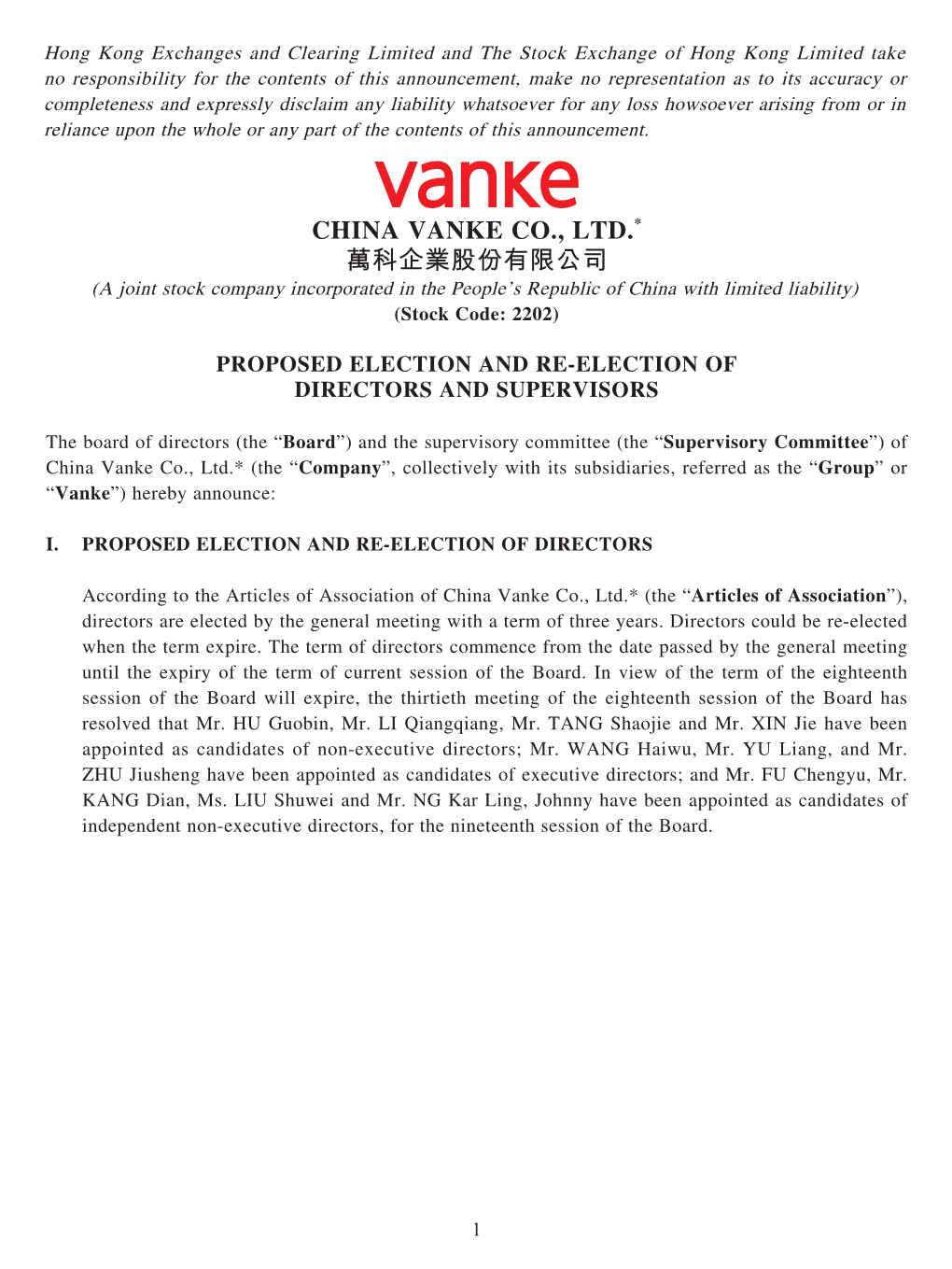 CHINA VANKE CO., LTD.* 萬科企業股份有限公司 (A Joint Stock Company Incorporated in the People’S Republic of China with Limited Liability) (Stock Code: 2202)