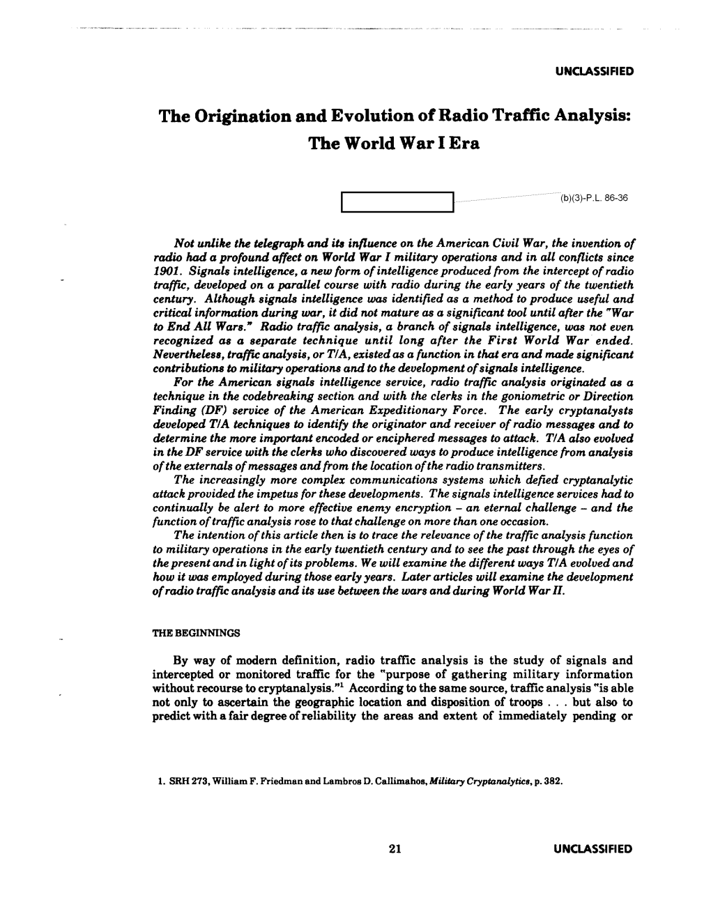 The Origination and Evolution of Radio Traffic Analysis: the World War I Era