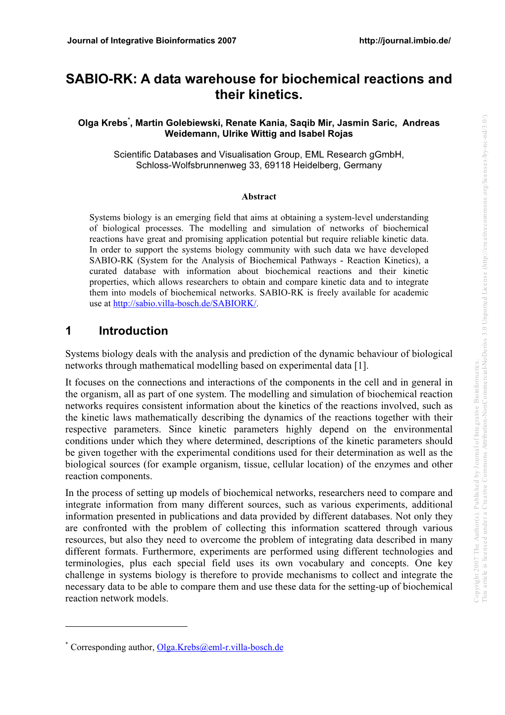 SABIO-RK: a Data Warehouse for Biochemical Reactions and Their Kinetics