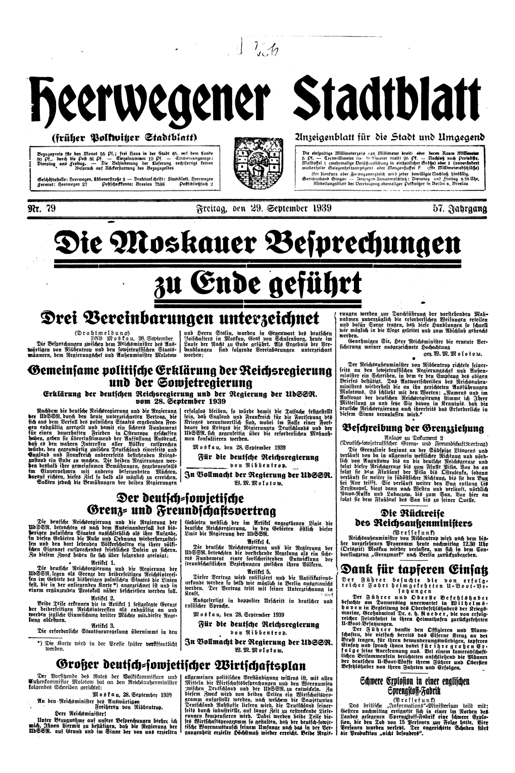 Heerwegener Stadtblatt (Früher Polkwitzer Stadtblatt) Anzeigenblatt Für Die Stadt Und Umgegend 1939 Jg. 57