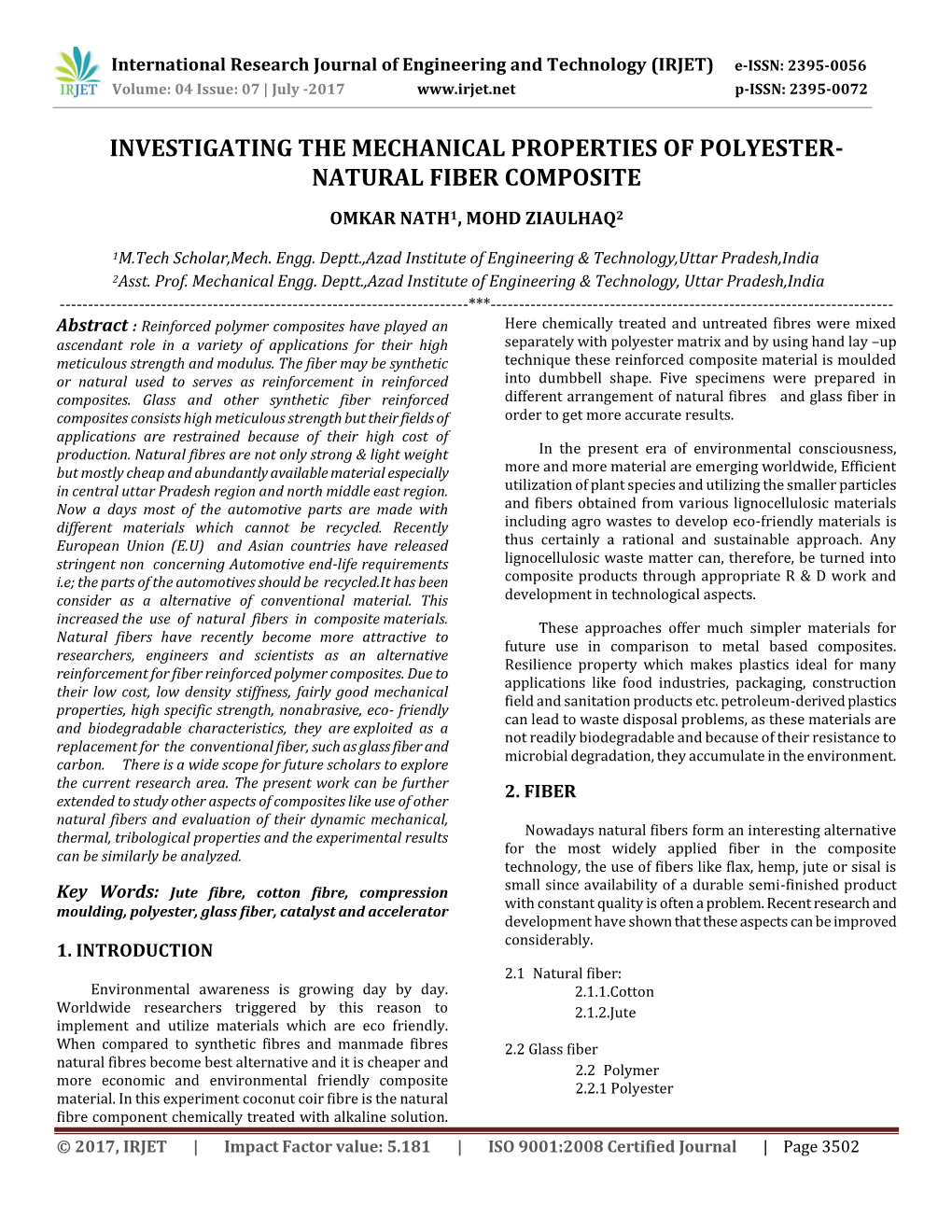 Investigating the Mechanical Properties of Polyester- Natural Fiber Composite