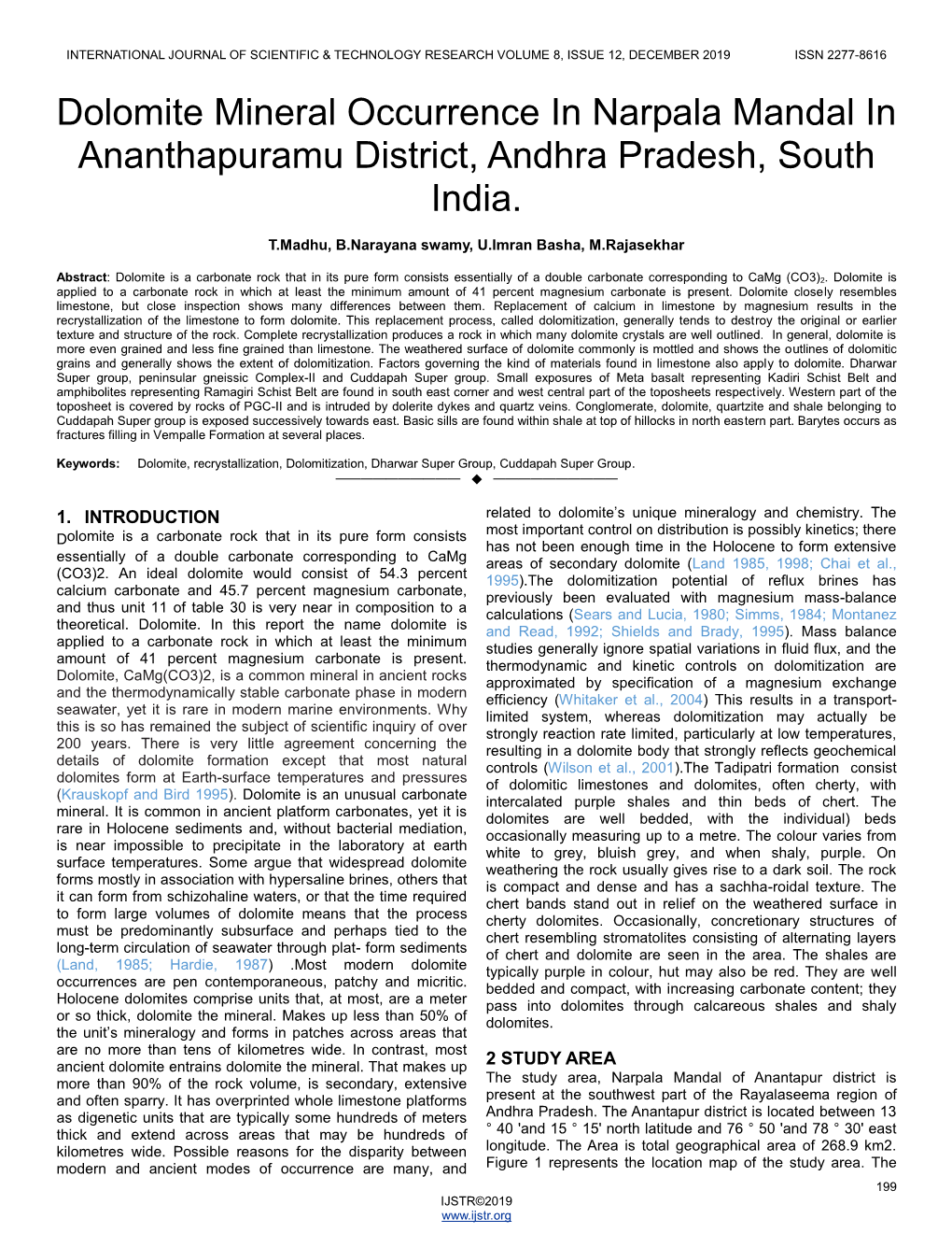 Dolomite Mineral Occurrence in Narpala Mandal in Ananthapuramu District, Andhra Pradesh, South India
