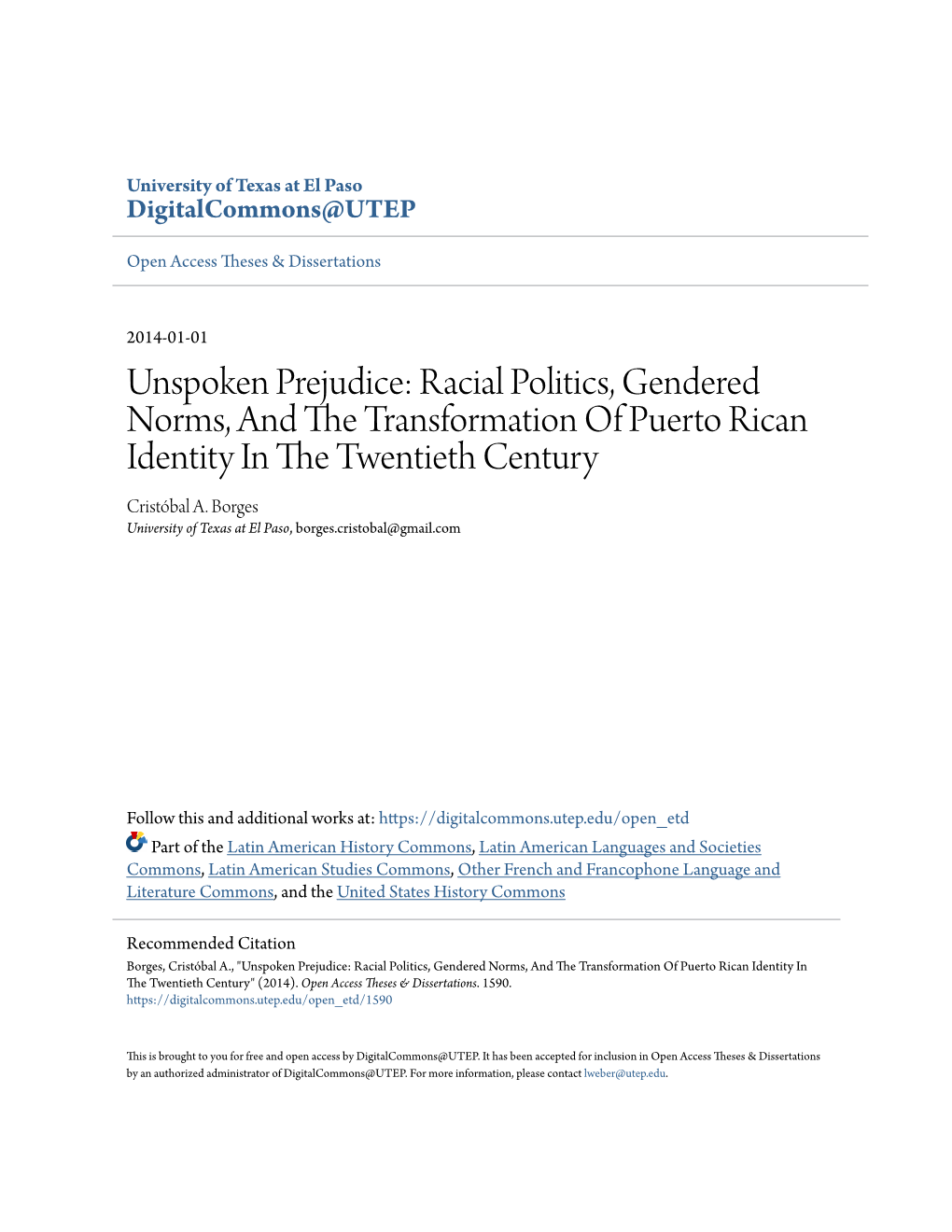 Racial Politics, Gendered Norms, and the Rt Ansformation of Puerto Rican Identity in the Wet Ntieth Century Cristóbal A