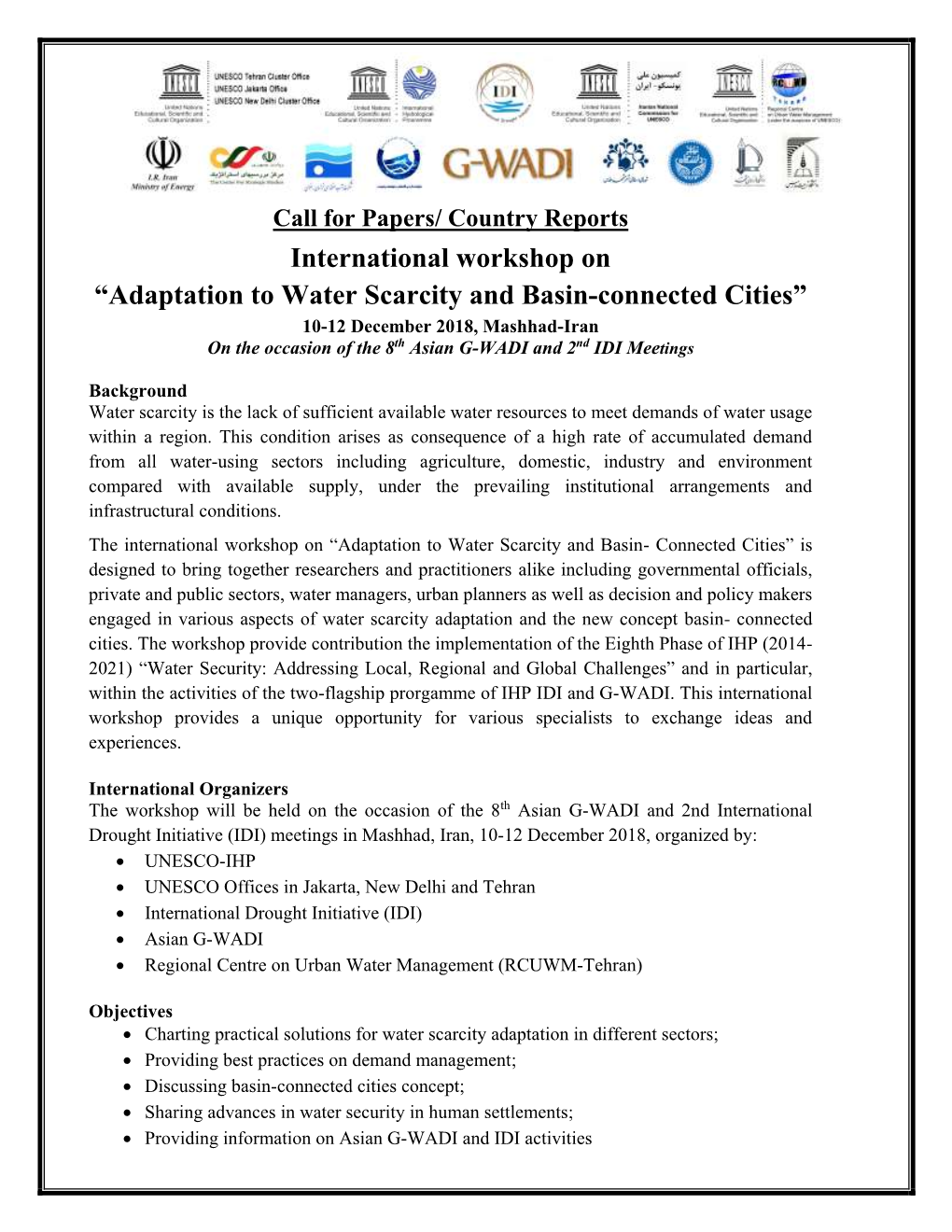 International Workshop on “Adaptation to Water Scarcity and Basin-Connected Cities”