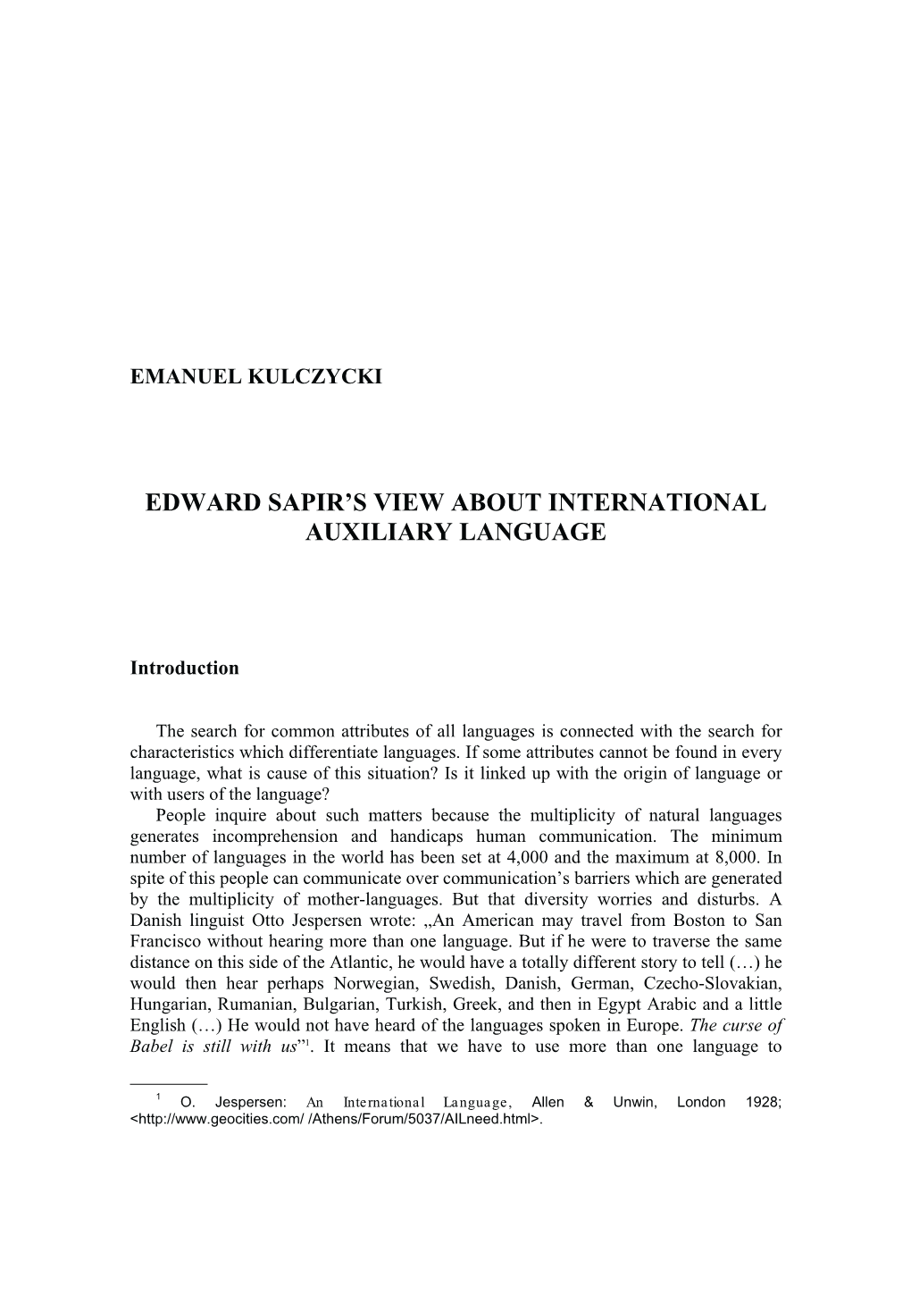 Edward Sapir's View About International Auxiliary Language