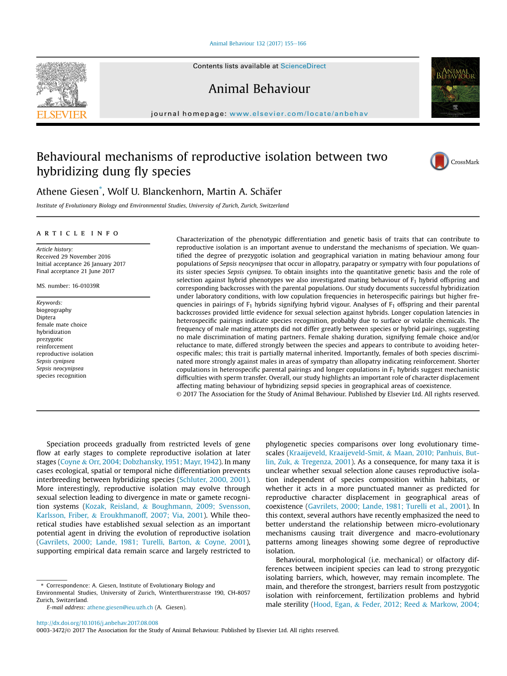 Behavioural Mechanisms of Reproductive Isolation Between Two Hybridizing Dung Fly Species