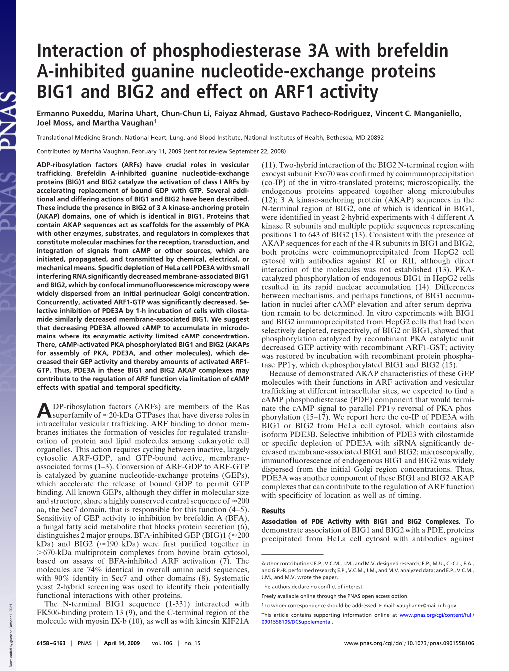 Interaction of Phosphodiesterase 3A with Brefeldin A-Inhibited Guanine Nucleotide-Exchange Proteins BIG1 and BIG2 and Effect on ARF1 Activity