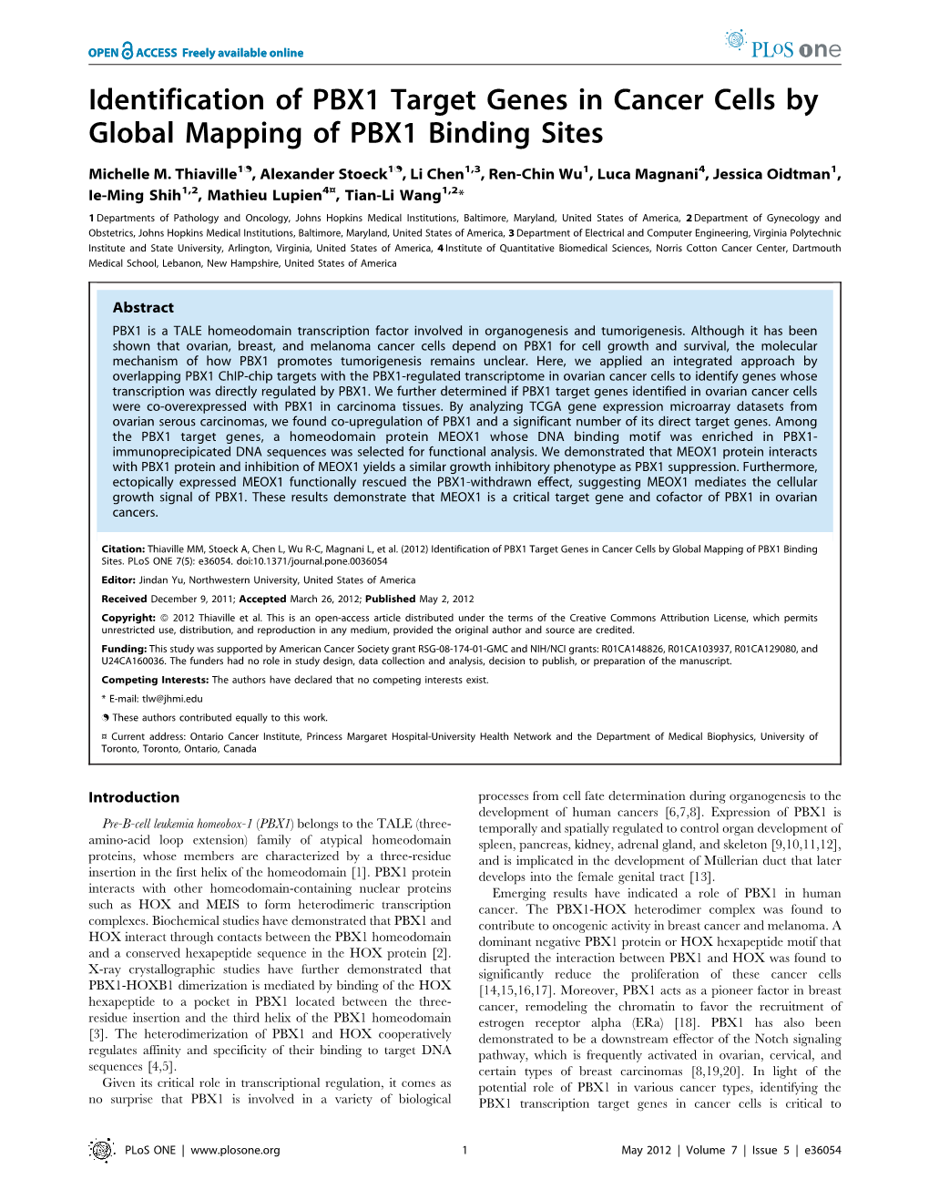 Identification of PBX1 Target Genes in Cancer Cells by Global Mapping of PBX1 Binding Sites