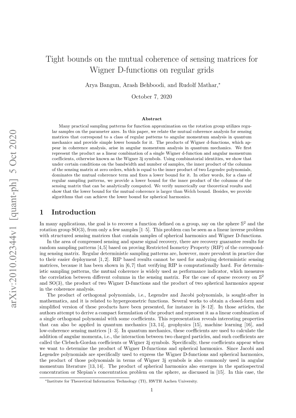 Tight Bounds on the Mutual Coherence of Sensing Matrices for Wigner D-Functions on Regular Grids