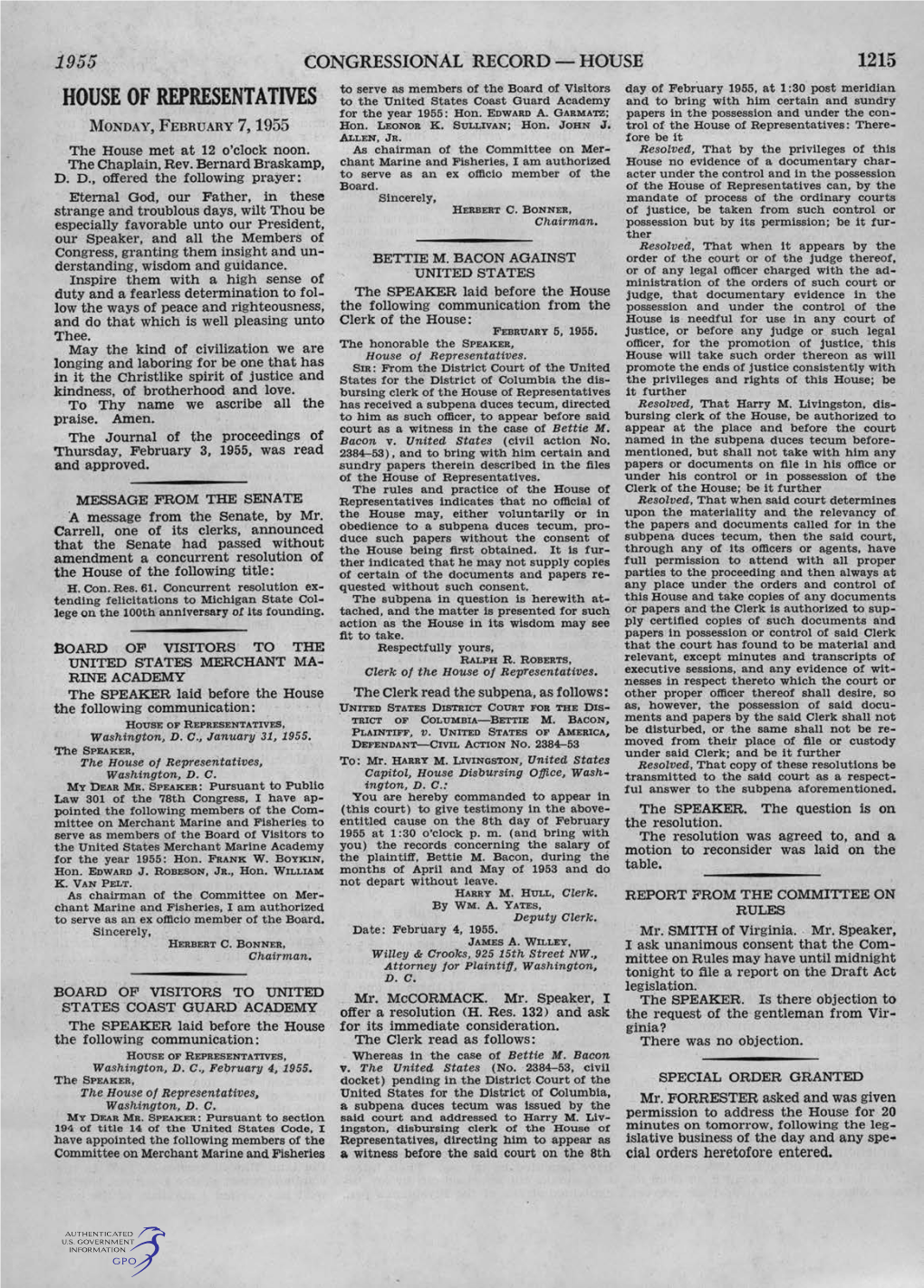 HOUSE of REPRESENTATIVES to the United States Coast Guard Academy and to Bring with Him Certain and Sundry for the Year 1955: Hon