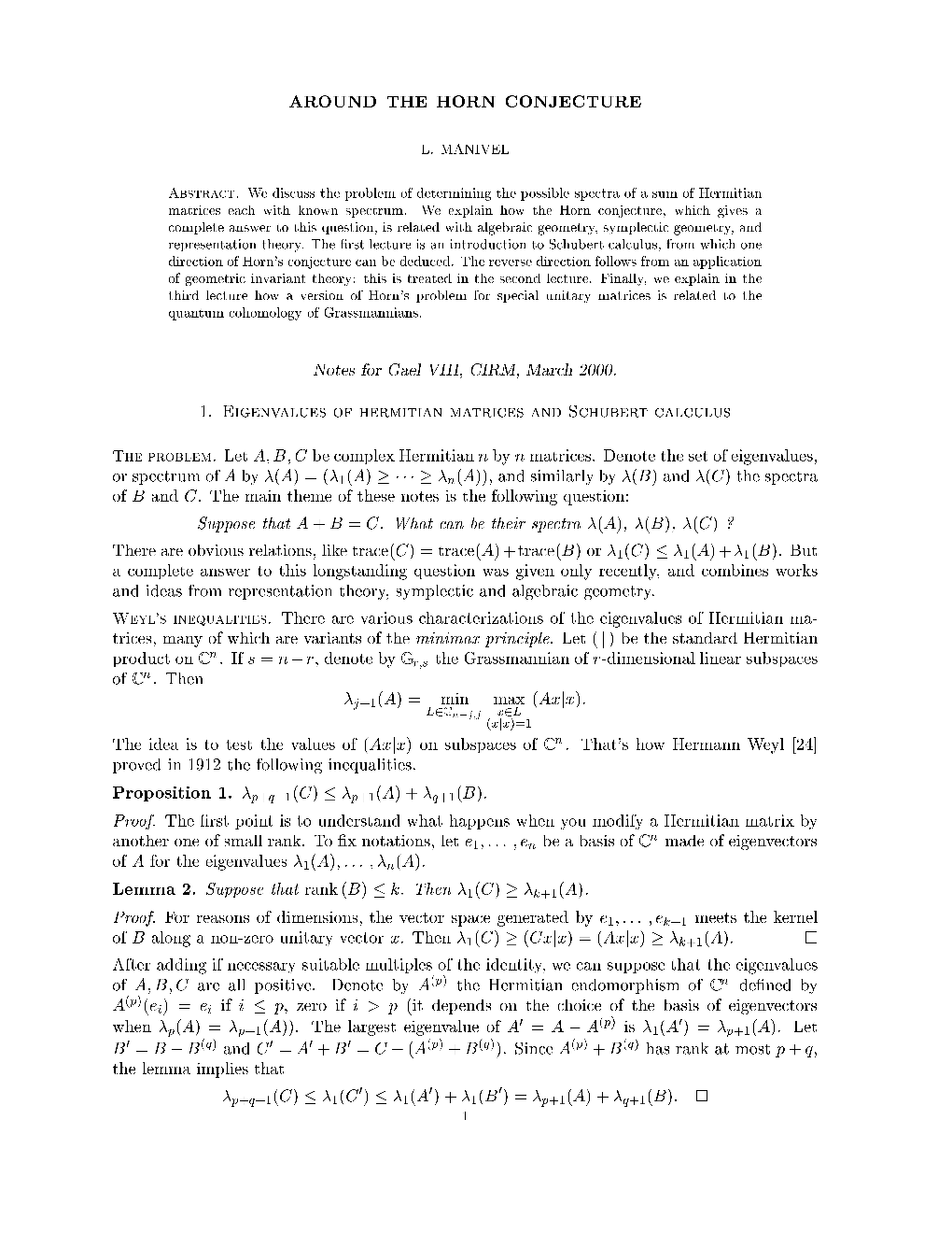 1. Eigenvalues of Hermitian Matrices and Schubert Calculus