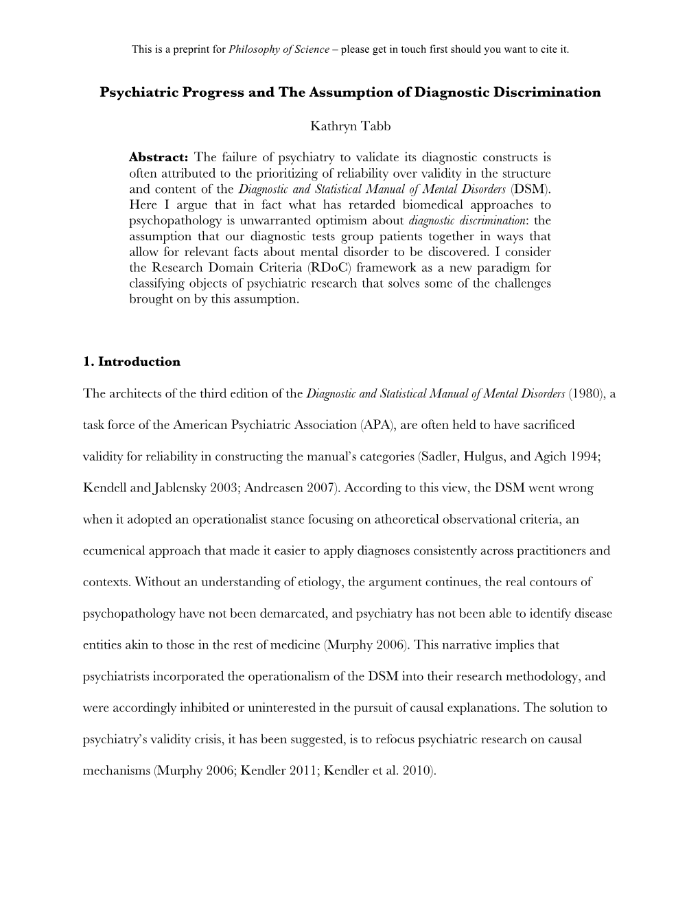 Psychiatric Progress and the Assumption of Diagnostic Discrimination