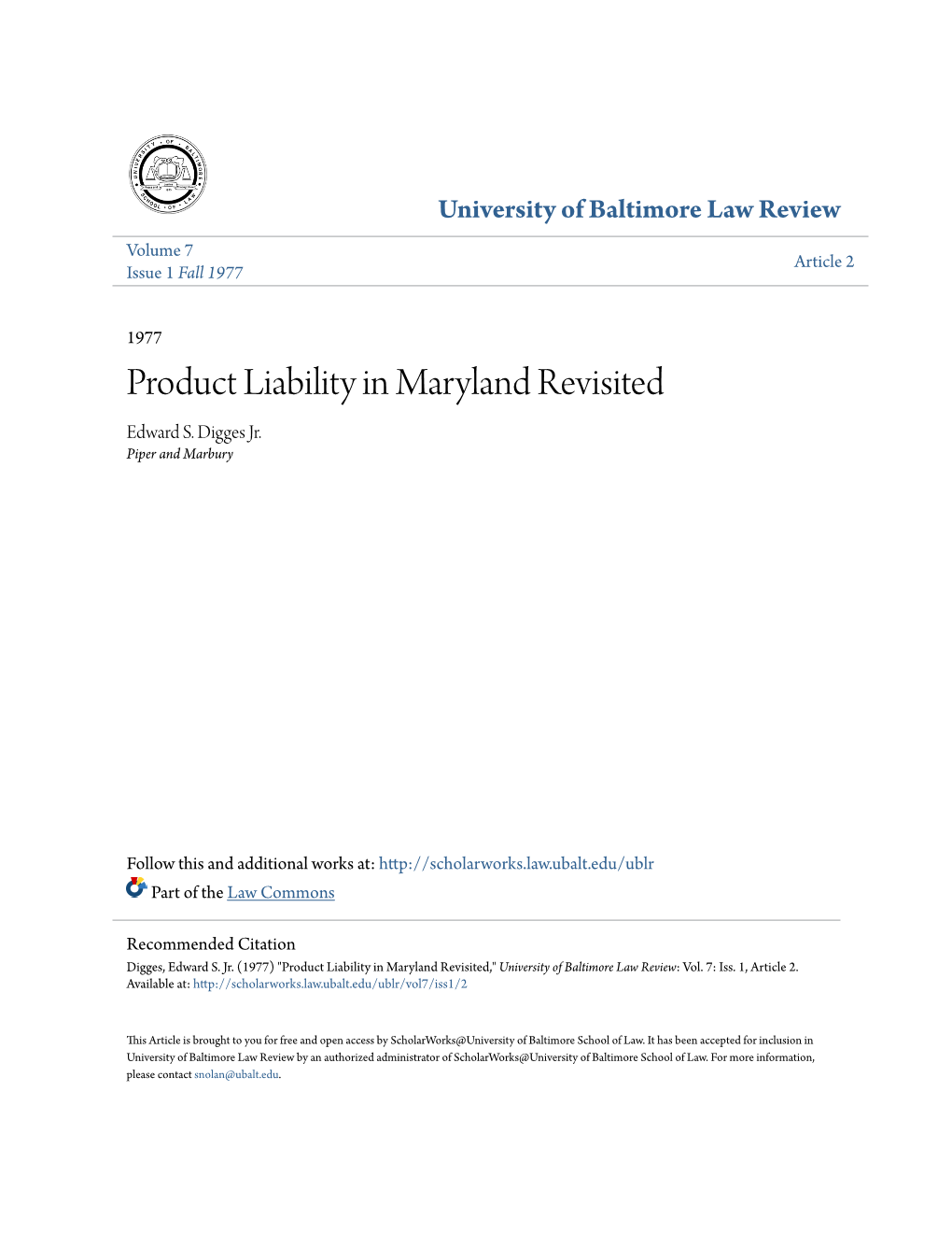 Product Liability in Maryland Revisited Edward S