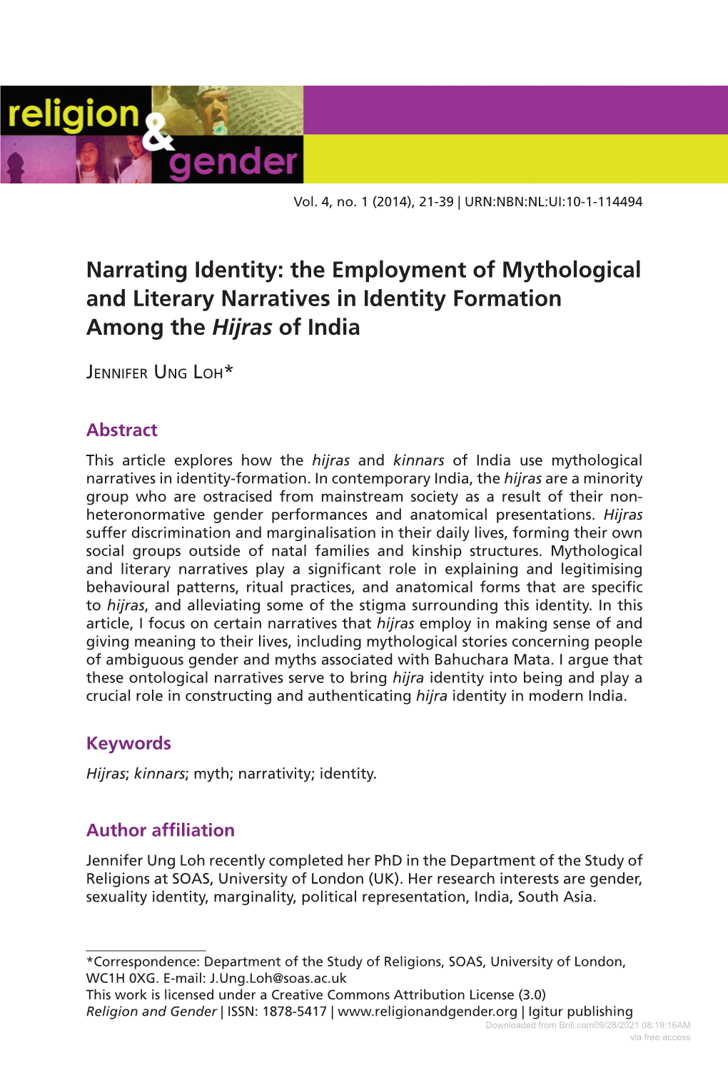 The Employment of Mythological and Literary Narratives in Identity Formation Among the Hijras of India
