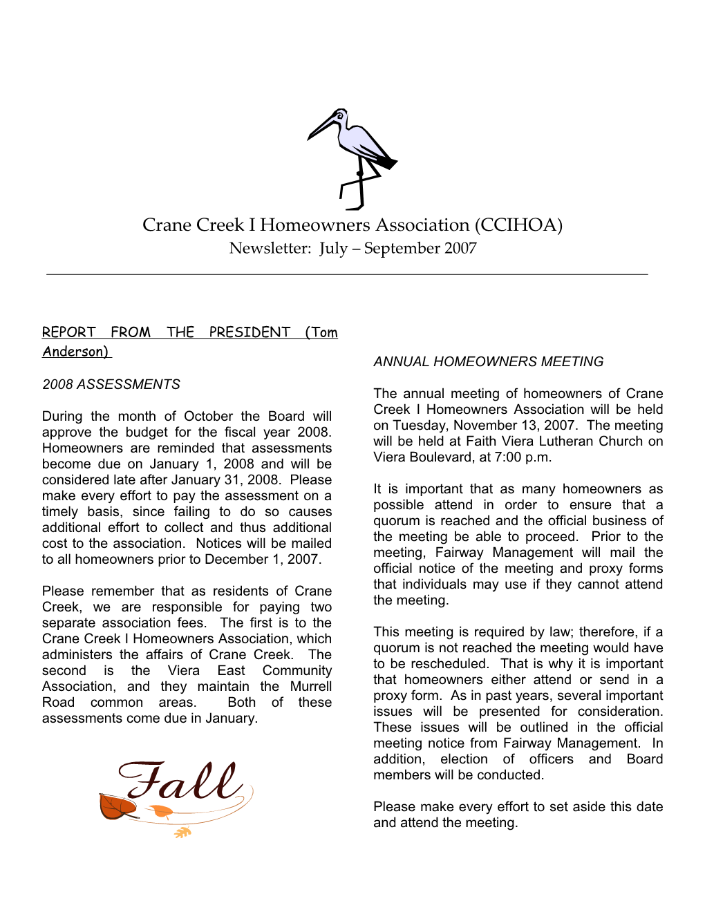 Crane Creek Homeowners Association