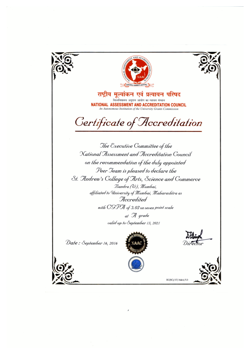 NAAC Cert. of Accreditation–2016