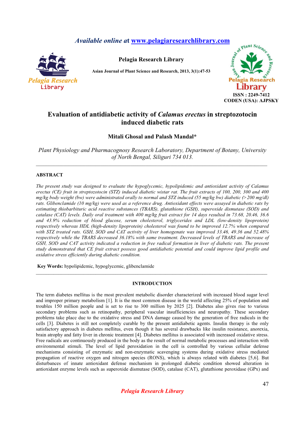 Evaluation of Antidiabetic Activity of Calamus Erectus in Streptozotocin Induced Diabetic Rats