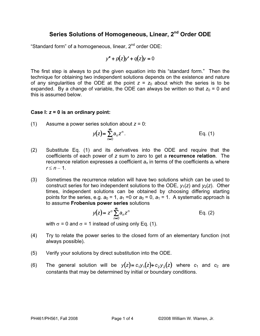 Series Solutions of Ordinary Differential Equations