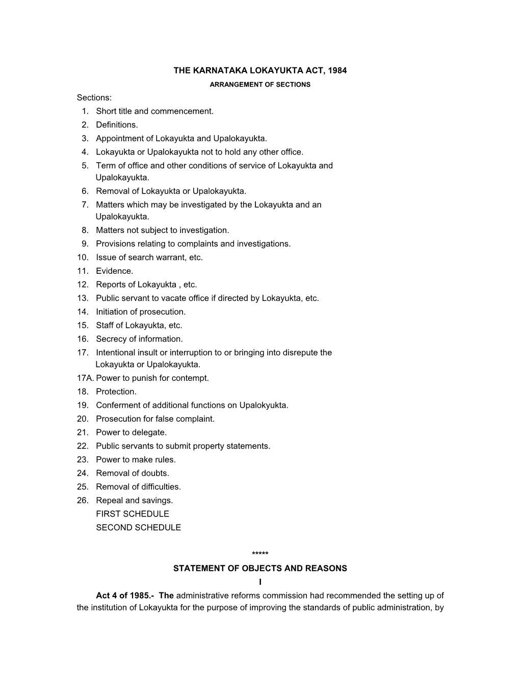 THE KARNATAKA LOKAYUKTA ACT, 1984 Sections