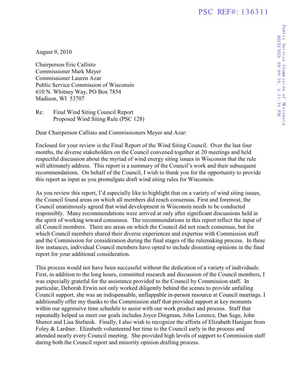 PSC REF#:136311 Public Service Commission of Wisconsin RECEIVED: 08/09/10, 4:11:34 PM