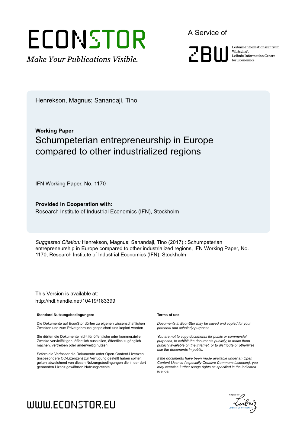Schumpeterian Entrepreneurship in Europe Compared to Other Industrialized Regions