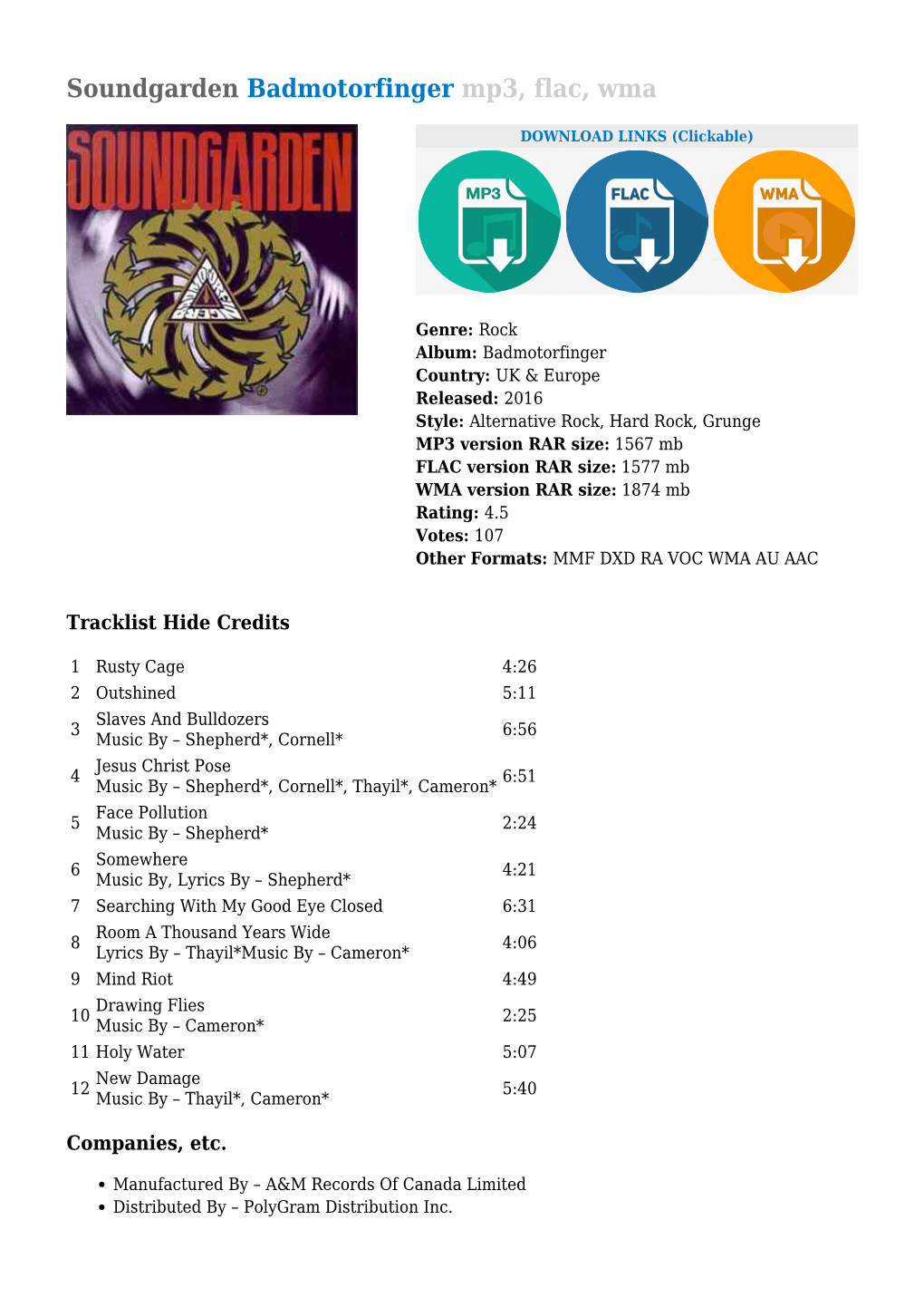 Soundgarden Badmotorfinger Mp3, Flac, Wma