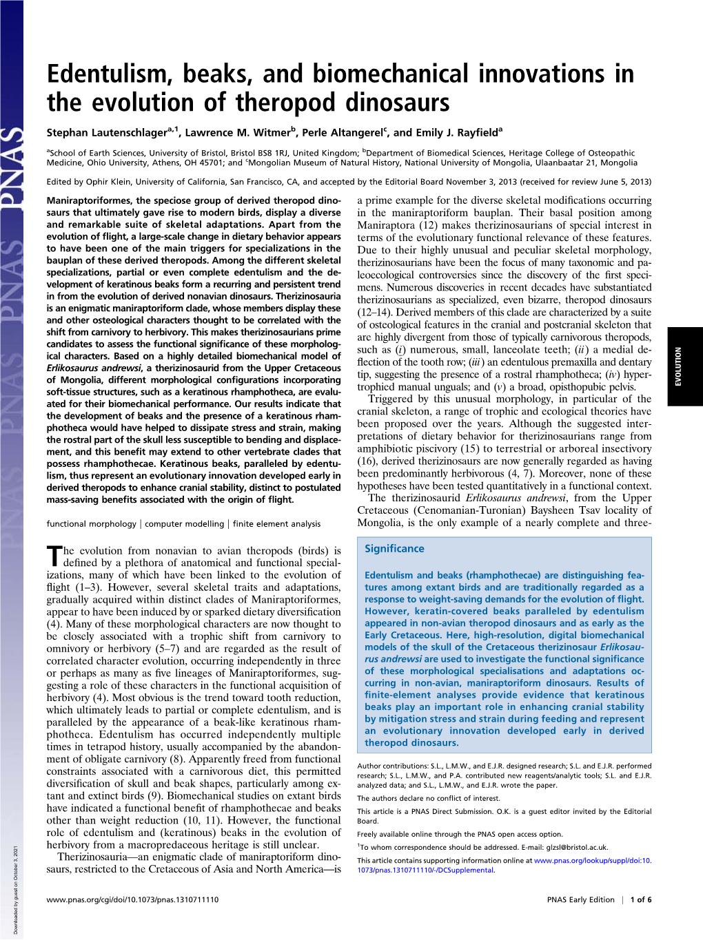 Edentulism, Beaks, and Biomechanical Innovations in the Evolution of Theropod Dinosaurs