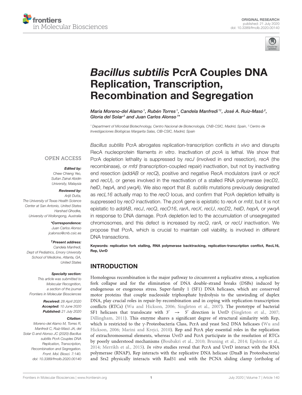 Bacillus Subtilis Pcra Couples DNA Replication, Transcription, Recombination and Segregation