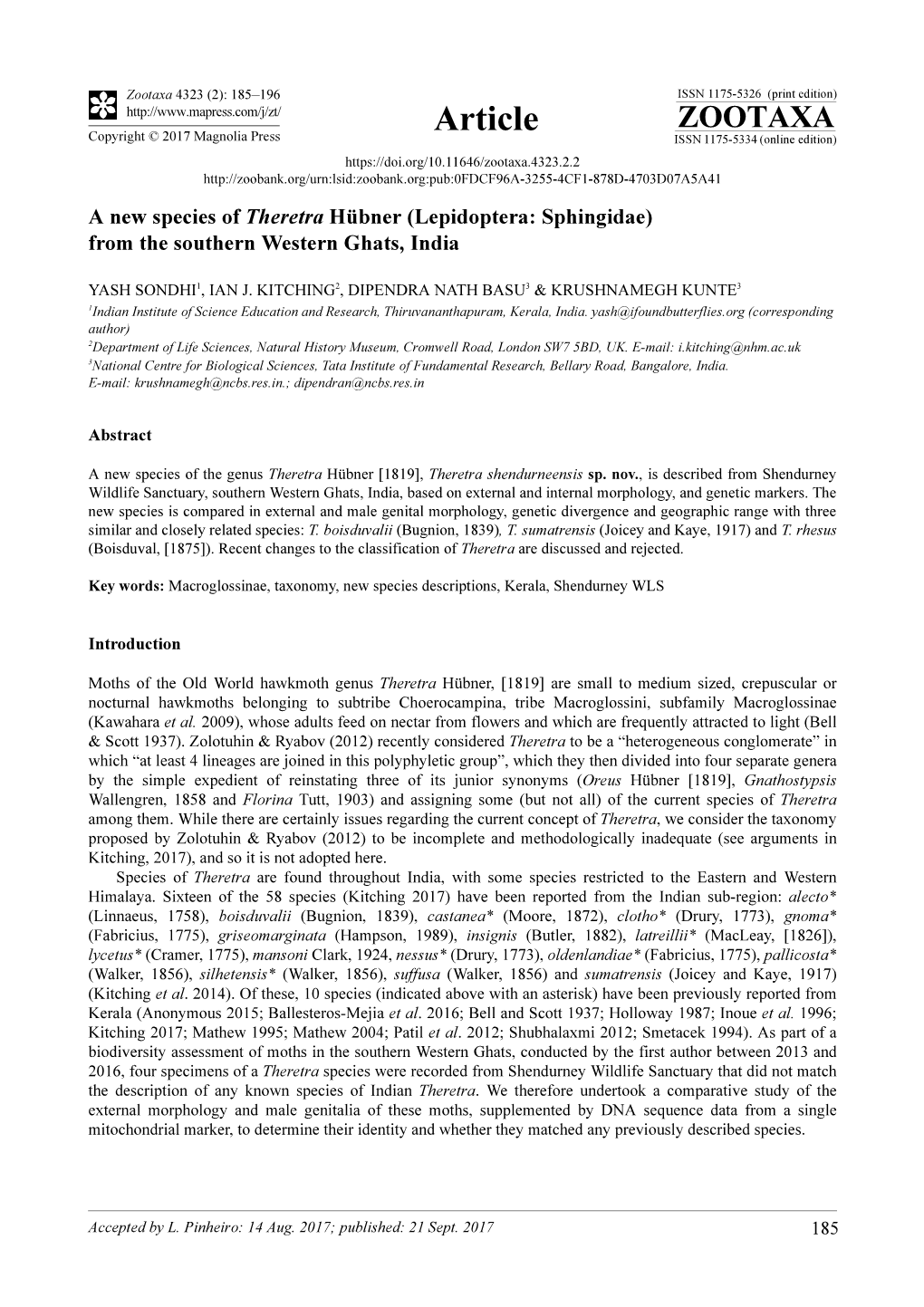 A New Species of Theretra Hübner (Lepidoptera: Sphingidae) from the Southern Western Ghats, India