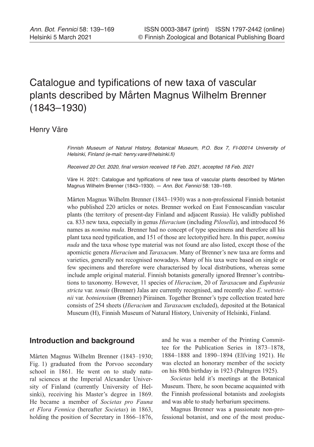 Catalogue and Typifications of New Taxa of Vascular Plants Described by Mårten Magnus Wilhelm Brenner (1843–1930)