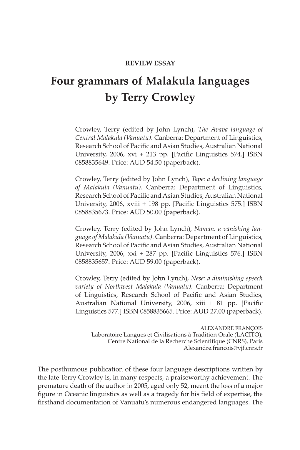 Four Grammars of Malakula Languages by Terry Crowley