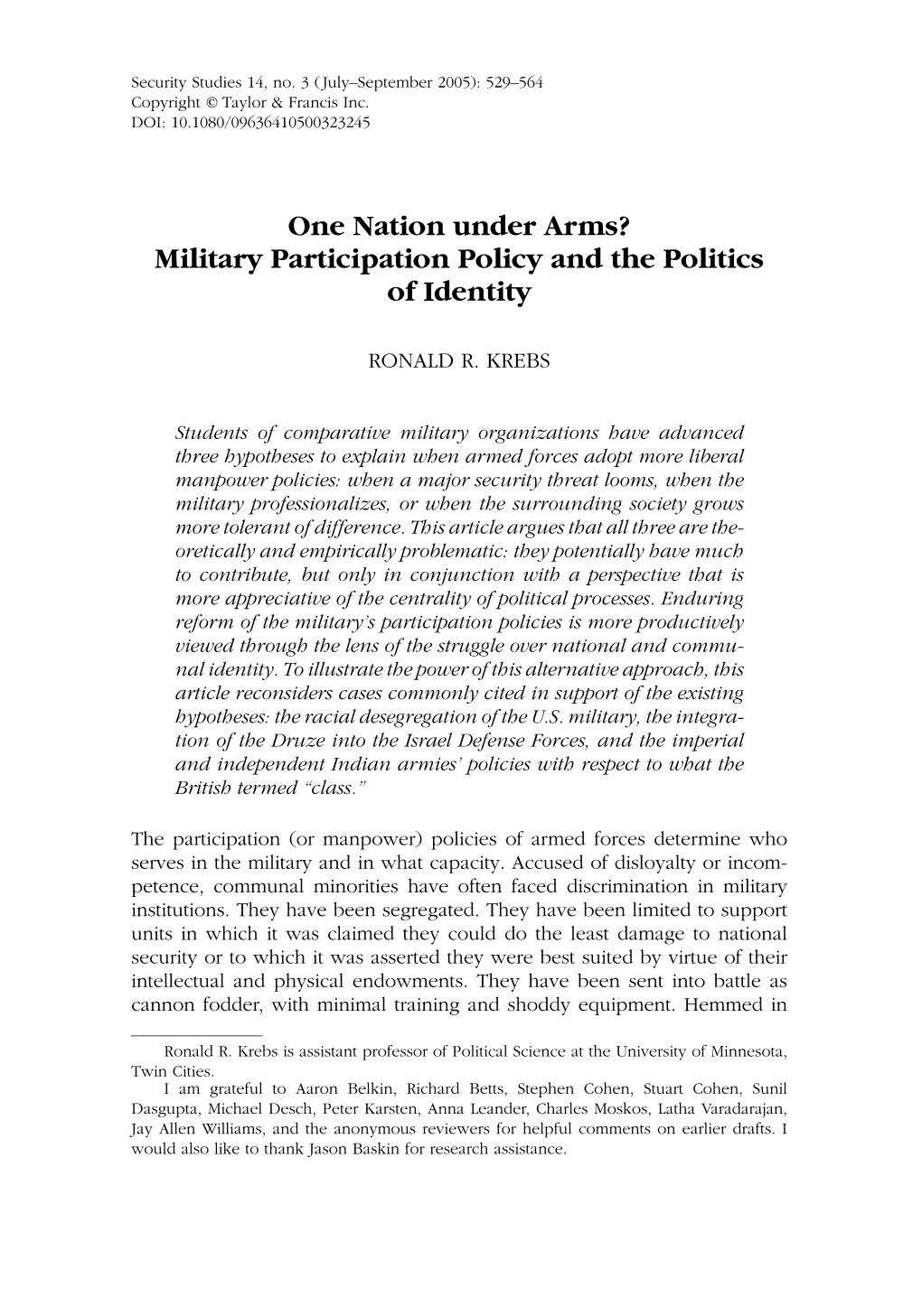 One Nation Under Arms? Military Participation Policy and the Politics of Identity