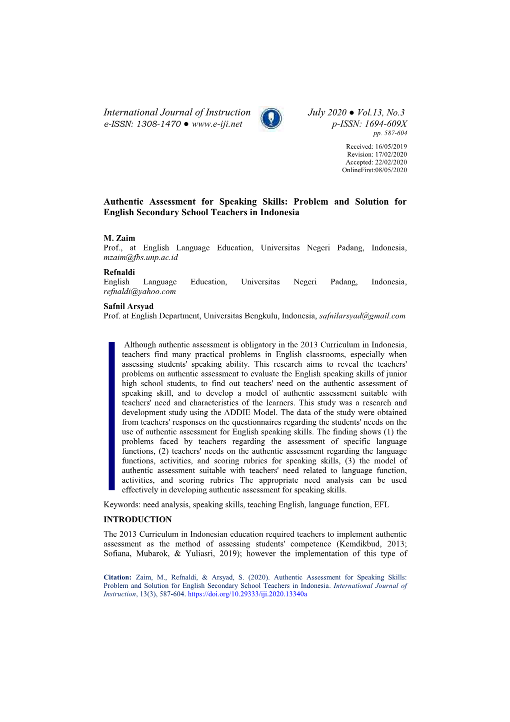 Authentic Assessment for Speaking Skills: Problem and Solution for English Secondary School Teachers in Indonesia