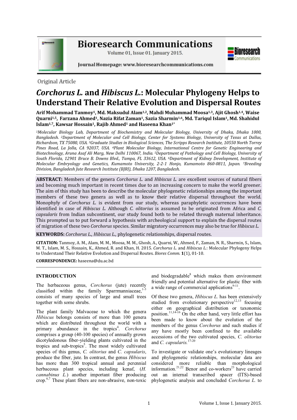 Corchorus L. and Hibiscus L.: Molecular Phylogeny Helps to Understand Their Relative Evolution and Dispersal Routes