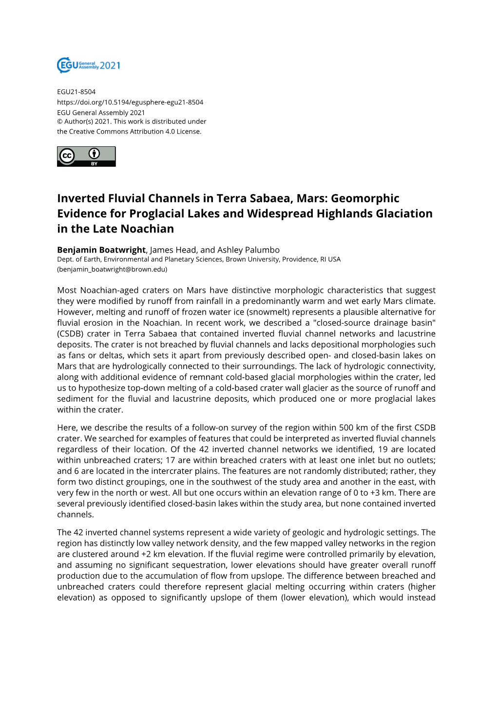 Inverted Fluvial Channels in Terra Sabaea, Mars: Geomorphic Evidence for Proglacial Lakes and Widespread Highlands Glaciation in the Late Noachian