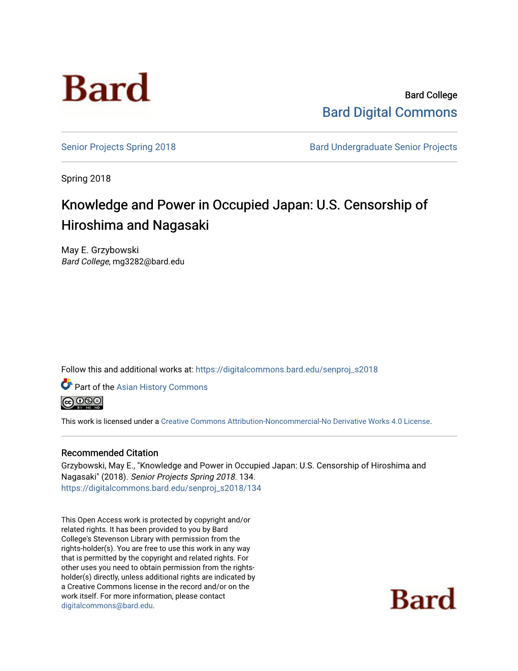 Knowledge and Power in Occupied Japan: U.S. Censorship of Hiroshima and Nagasaki