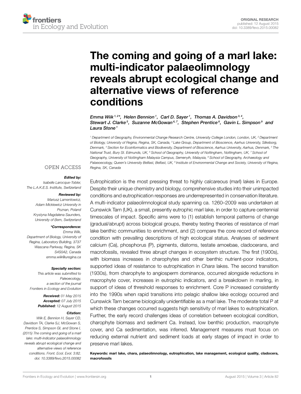 The Coming and Going of a Marl Lake: Multi-Indicator Palaeolimnology Reveals Abrupt Ecological Change and Alternative Views of Reference Conditions