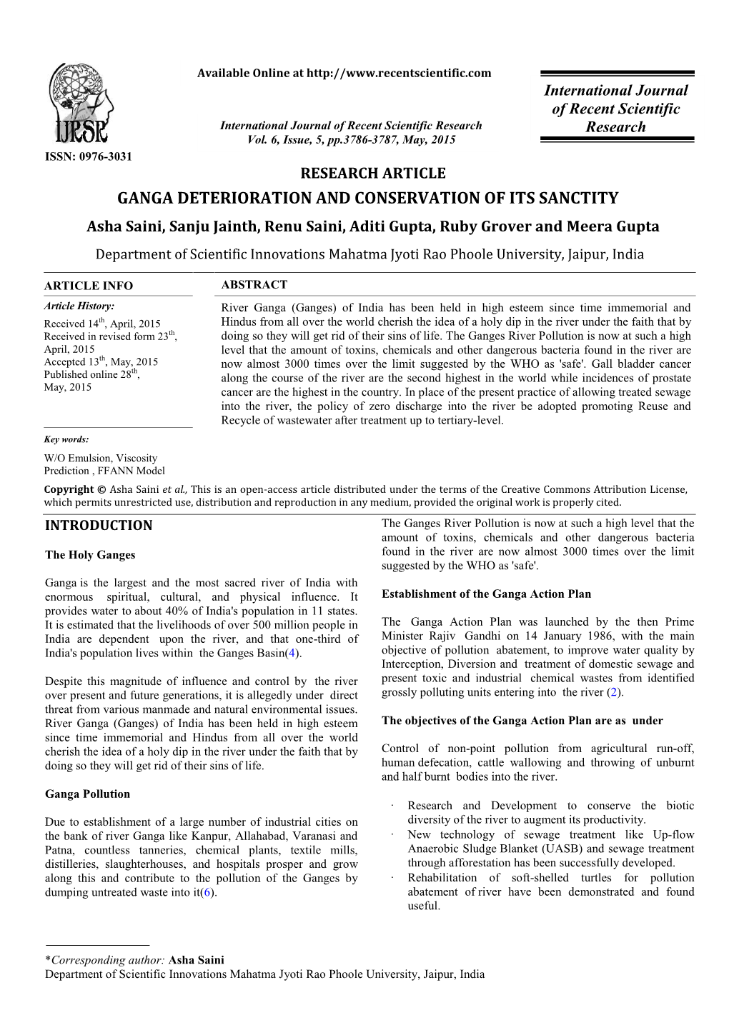 GANGA DETERIORATION and CONSERVATION of ITS SANCTITY Asha Saini, Sanju Jainth, Renu Saini, Aditi Gupta, Ruby Grover and Meera Gupta