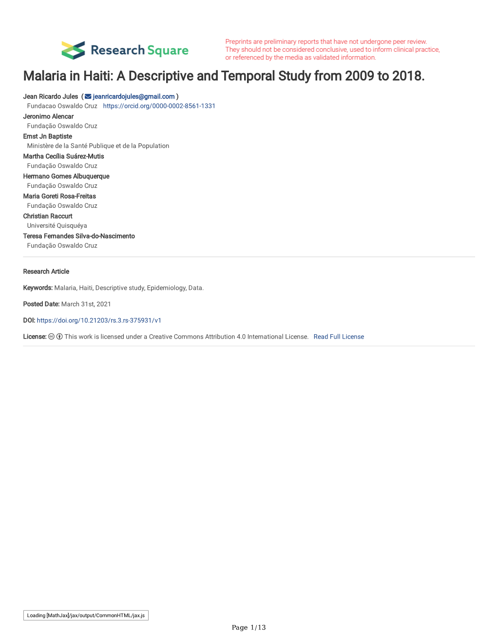 Malaria in Haiti: a Descriptive and Temporal Study from 2009 to 2018