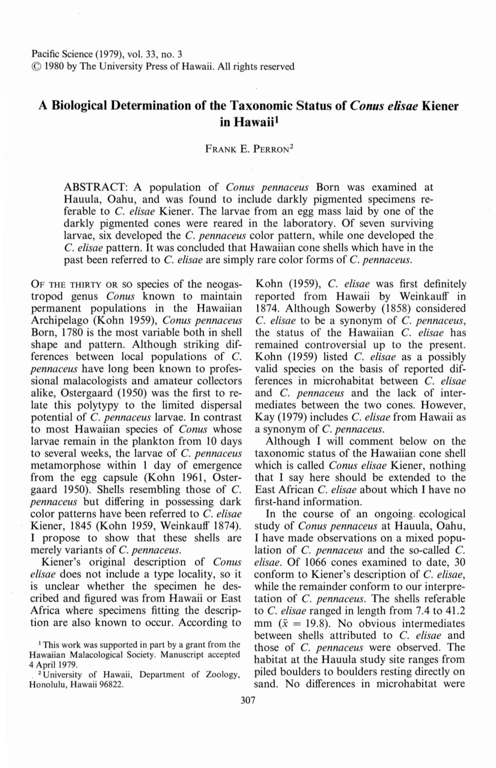 A Biological Determination of the Taxonomic Status of Conus Elisae Kiener in Hawaii!